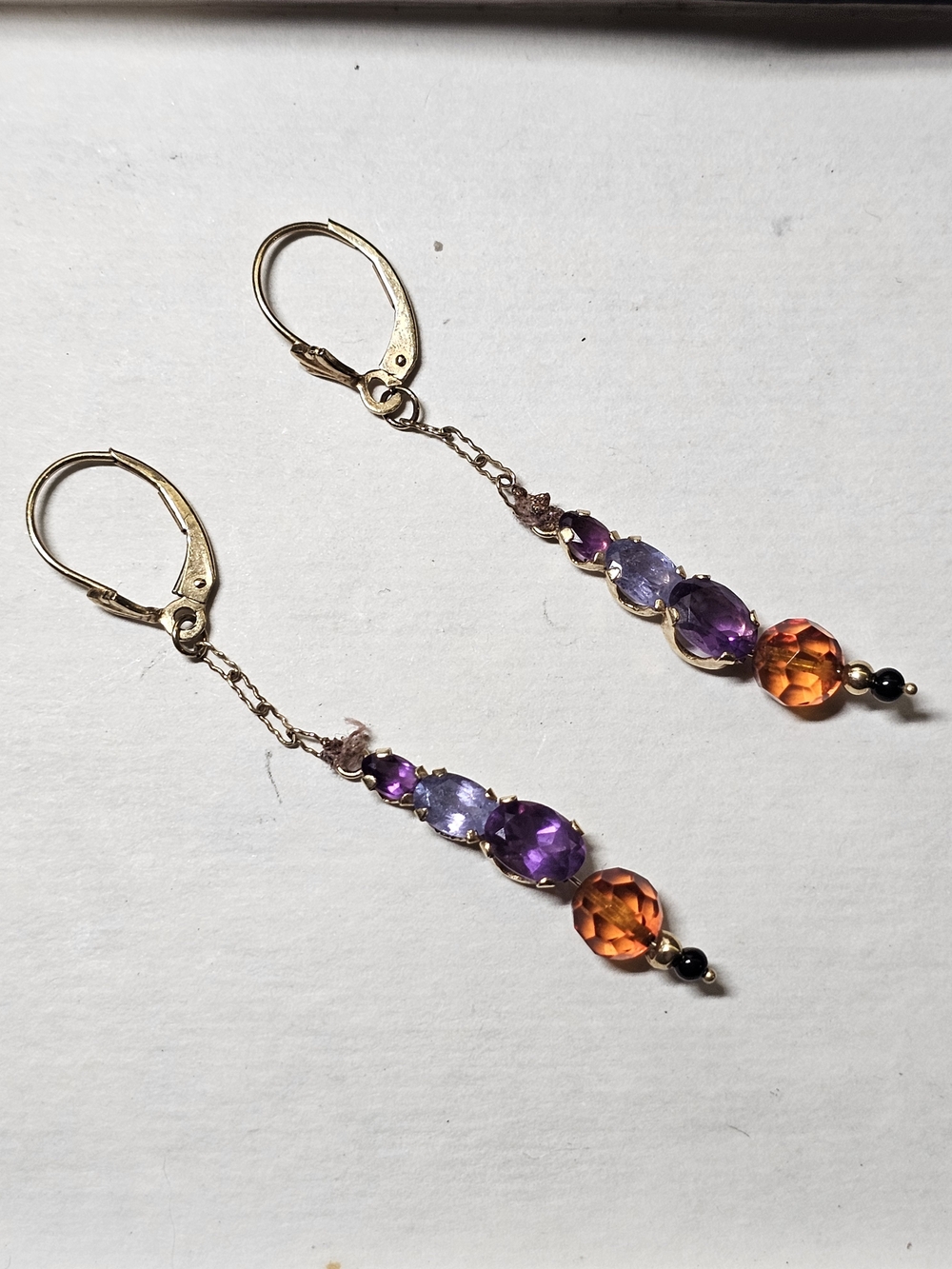 10k Gold Purple & Orange Gem Drop Earrings